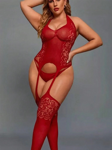 Red lace fishnet open - red,